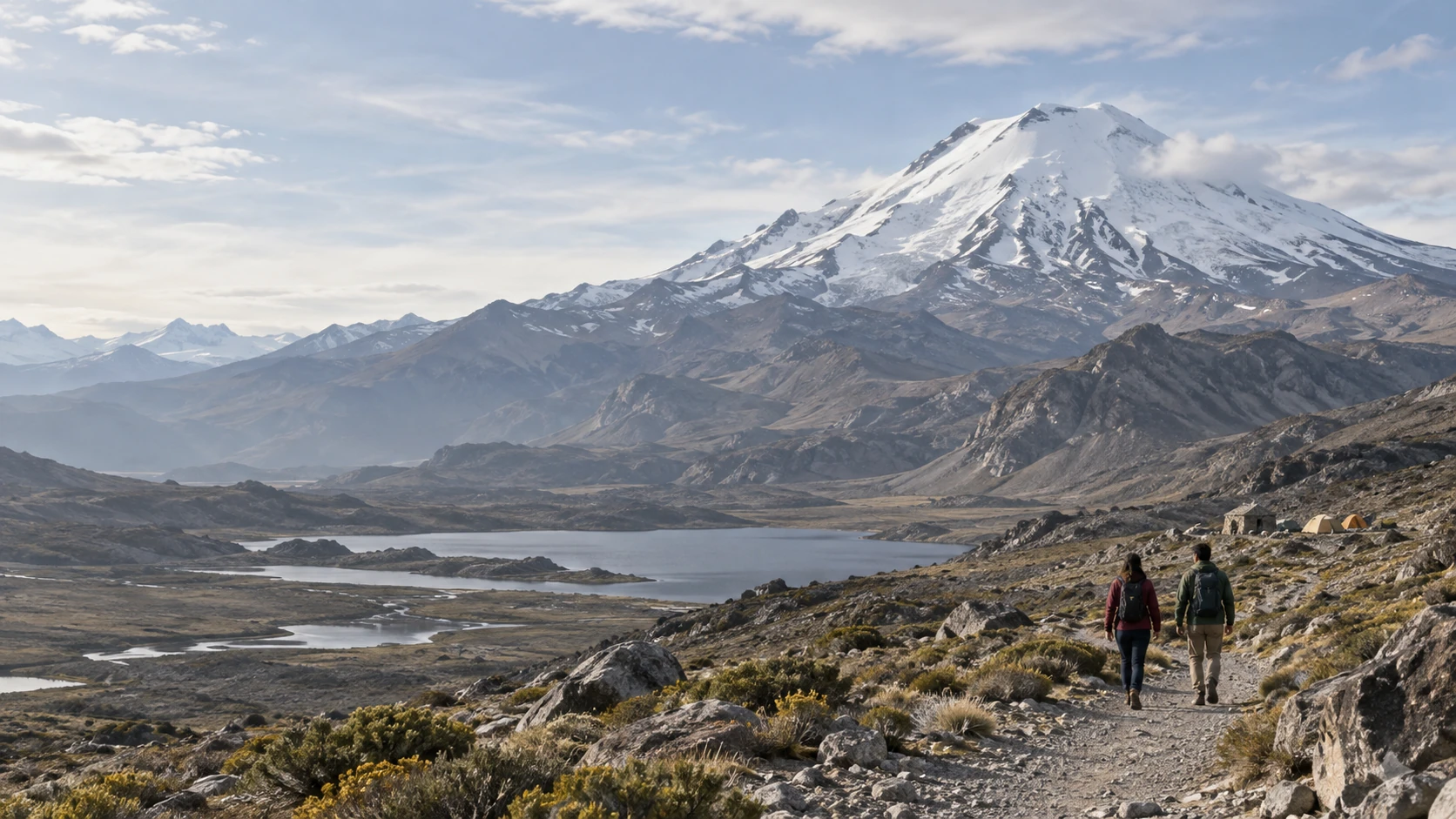 Cordillera, lago y sendero de montaña