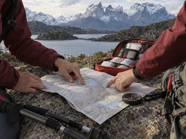 Imagen conceptual de preparación de un mapa y equipo sanitario